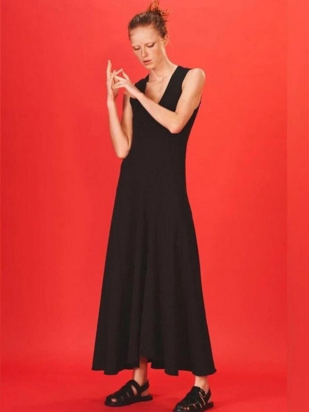 Zara Black Front Zip Up Technical Crepe A-Line Maxi Dress size S